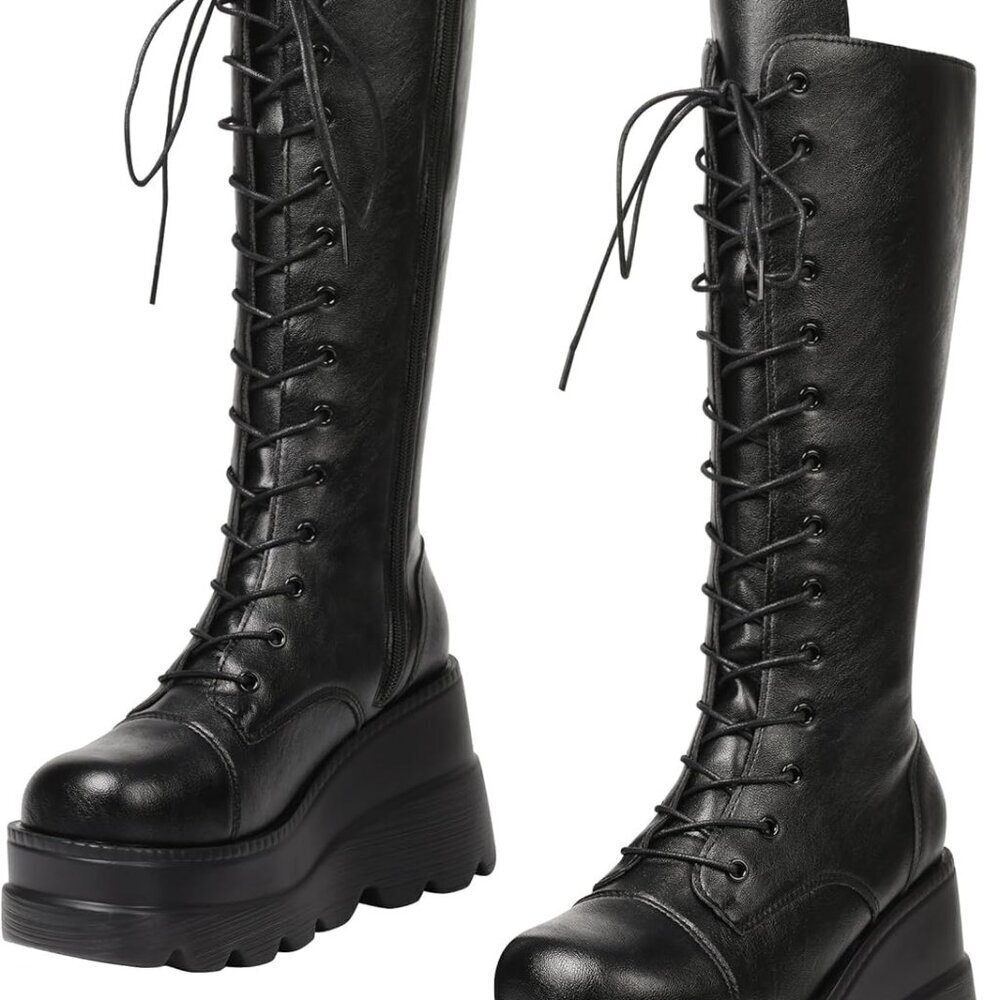 Women's High Platform Wedges Chunky Heels Mid Calf Boots Size 7